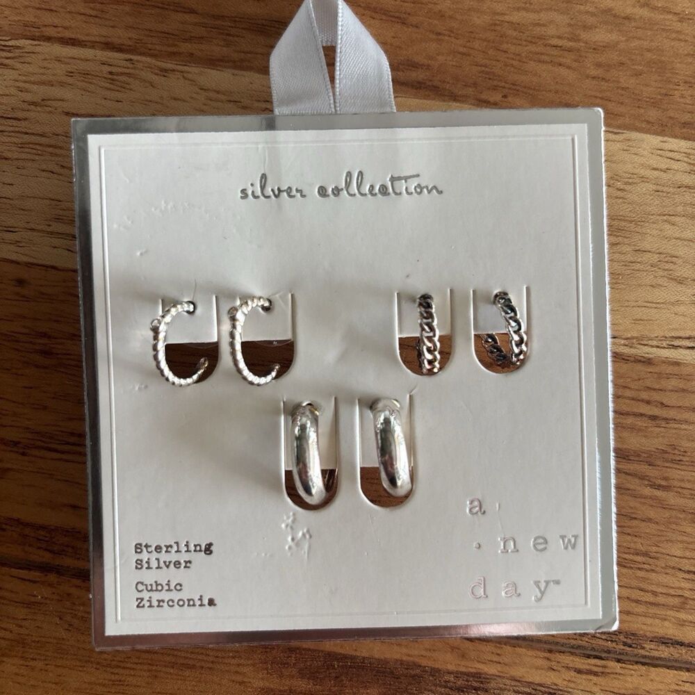A New Day Sterling Silver Cubic Zirconia Hoop Earrings Set, Post Closure